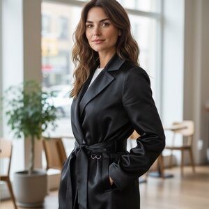 Vintage Express Black Satin Trench Coat Sz L Excellent Condition Gorgeous